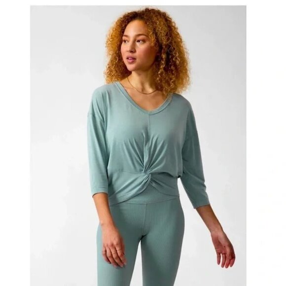 Athleta Medium Sage Green Embody Twist Front Top Crop Length 3/4 Sleeves - Picture 1 of 6